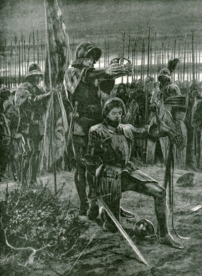 Neformální korunovace Jindřicha VII lordem Stanleym na bitevním poli Bosworth, 22. srpna 1485 od Richard Caton Woodville junior
