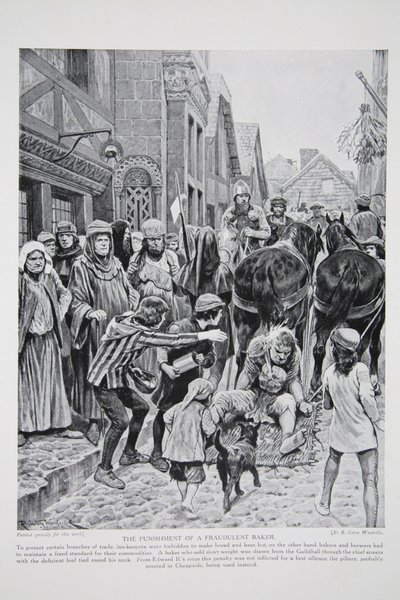 Trest podvodného pekaře, ilustrace z „Hutchinsonova příběhu britského národa“, kolem roku 1923 od Richard Caton Woodville junior
