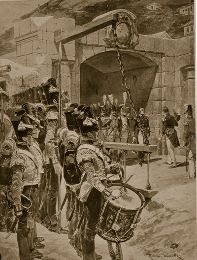 Kapitulace ostrova Mauricius Britům v roce 1810, ilustrace z 