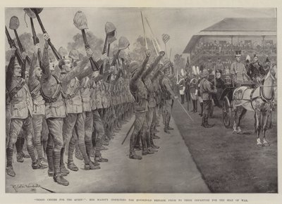 Třikrát hurá královně!, Její Veličenstvo kontroluje brigádu domácností před jejich odjezdem do sídla války od Richard Caton Woodville junior