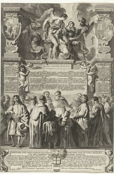 Instelling van de broederschap Militia Angelica od Tomáše Akvinského, 1649 Původ Andělské milice, božský Tomáš Akvinský; pod jeho nebeským pásem cudnosti, ustanoven (titul na předmětu) od Richard Collin