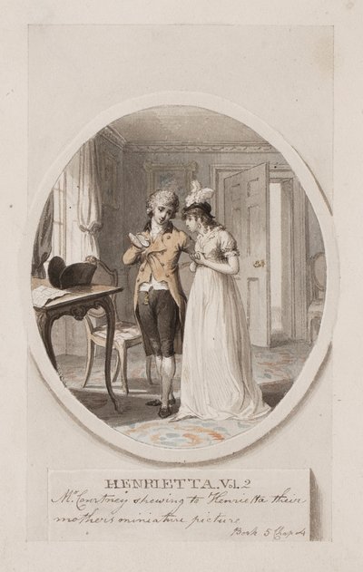 Pan Courtney ukazuje Henriettě miniaturní obrázek jejich matky, kniha 5, kapitola 4, ilustrace k vydání knihy "Henrietta" od Charlotte Lennoxové z roku 1798, asi 1798 (tužka a čb na papíře) od Richard Corbould