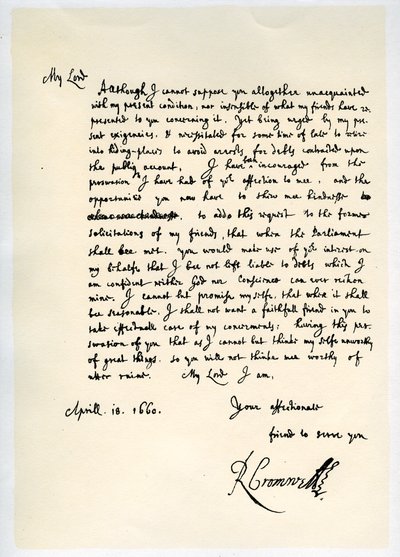 Dopis Richarda Cromwella, lorda protektora, generálu Georgi Monckovi, 18. dubna 1660. od Richard Cromwell