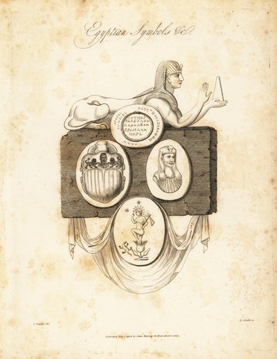 Egyptský sphynx, skarabeus, Horus atd., 1823 (rytina) od Richard Dagley
