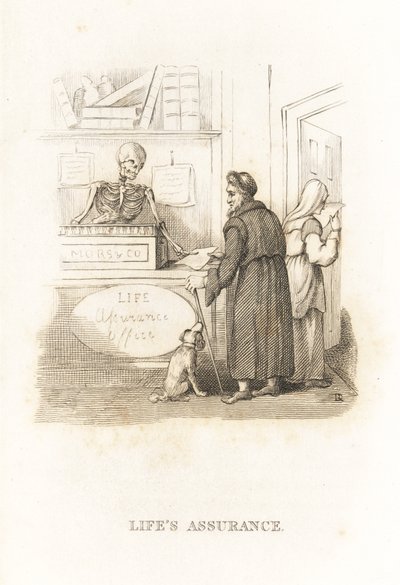 Kostra smrti v pojišťovně. ,1827 (rytina) od Richard Dagley