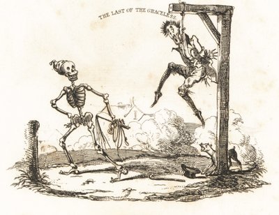 Viněta kostry a muže visícího na šibenici.,1827 (rytina) od Richard Dagley