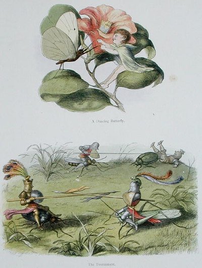 Tančící motýl a Turnaj, ilustrace z „In Fairyland: A Series of Pictures from the Elf-World“ od Williama Allinghama a Andrewa Langa (barevné lito) od Richard Doyle