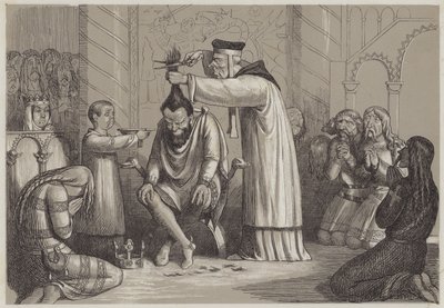 Holičské zacházení s Jindřichem I. od normanského biskupa (akvatinta) od Richard Doyle