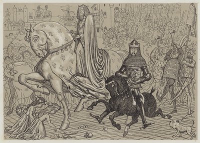 Černý princ Eduard se svým vězněm, francouzským králem Janem, vjíždí do Londýna (akvatinta) od Richard Doyle