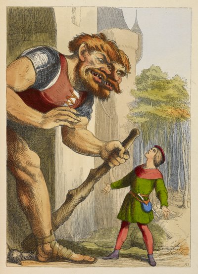 Jack se dívá na obra, který má dvě hlavy. Obr je velšský. Barevné ilustrace v dětské knize. od Richard Doyle