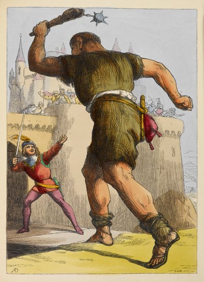 Jack připravený bojovat s obrem mimo hrad. Barevné ilustrace v dětské knize. od Richard Doyle