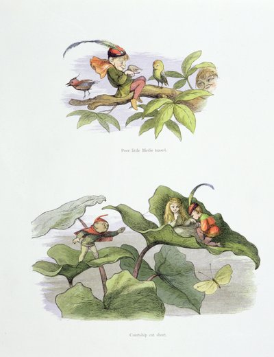Ubohý Ptáček škádlený a námluvy zkrácené, ilustrace z knihy "V říši pohádek": Williama Allinghama a Andrewa Langa. od Richard Doyle