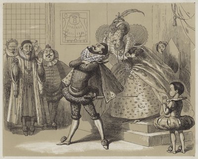 Nápadná scéna mezi královnou Alžbětou a jejím oblíbeným Essexem (akvatinta) od Richard Doyle