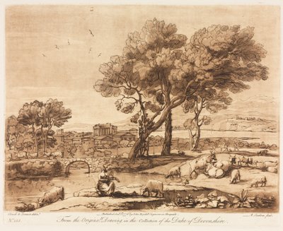Liber Veritatis: č. 135, Krajina, s budovami, Merkur krade dobytek Admetuss..., 1776. od Richard Earlom