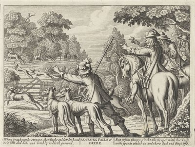 Herten gejaagd door jachthonden Coursing Daněk (název na objektu) Jacht Partijen (název série) Několik způsobů lovu, Hawkingu a rybolovu, podle anglického způsobu (název série) od Richard Gaywood (possibly)