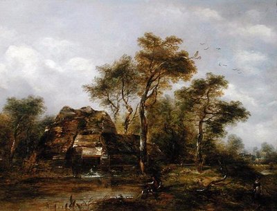 Přestřelený mlýn s Man Fishing (olej na plátně) od Richard Hilder