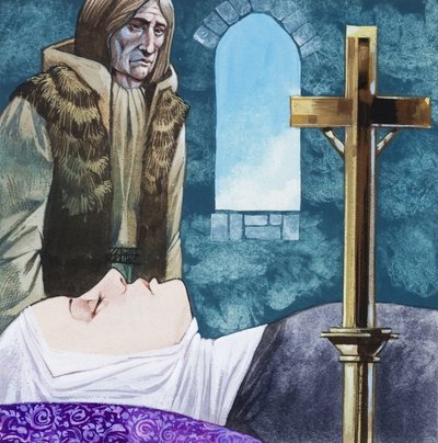 Sir Lancelot přijíždí do kláštera a zjišťuje, že královna Guinivere již zemřela. od Richard Hook