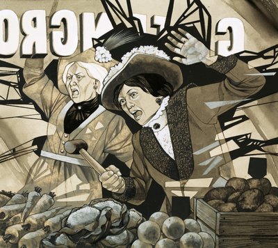 Neidentifikovaná scéna s rozzlobenými ženami útočícími na zelený obchod s potravinami od Richard Hook