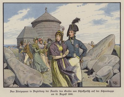 Král Fridrich Vilém III. a královna Luisa Pruská ve společnosti rodiny hraběte von Schaffgotsche na Schneekoppe, srpen 1800 (barevné lito) od Richard Knotel