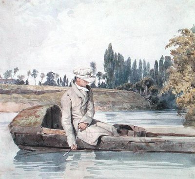 Muž lovící z lodi na řece (akvarel na papíře) od Richard Parkes Bonington