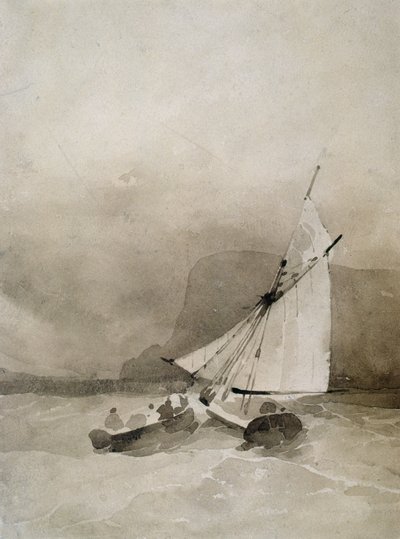 Plachetnice a veslice na rozbouřeném moři u Beachy Head, Sussex od Richard Parkes Bonington