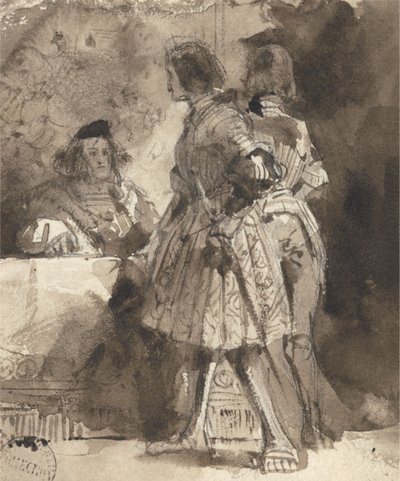 Goetz von Berlichingen před císařským soudcem, kolem roku 1826 (hnědá barva a inkoust přes grafit na papíře) od Richard Parkes Bonington