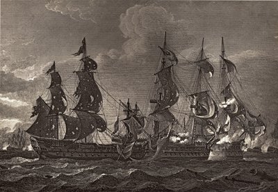 HMS Captain nalodění na San Nicholas a San Josef, ilustrace z „The Life of Nelson“ od Roberta Southeyho (1774-1843), poprvé publikovaná v roce 1813 od Richard Westall