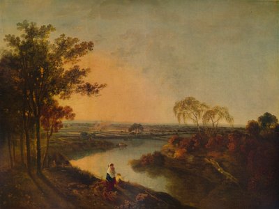 Anglická řeka při západu slunce, v dálce velšské kopce, c1760, 1938 od Richard Wilson