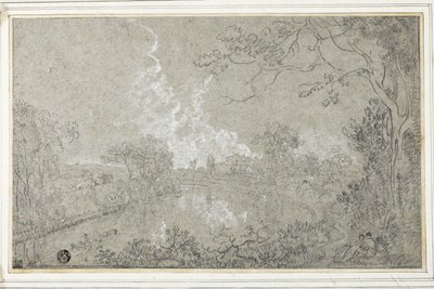 Banks of the River Dee poblíž Eaton Hall, Cheshire, kolem 1759 (černobílá křída na modrém položeném papíře, položená na kartě) od Richard Wilson