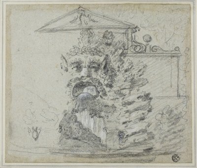 „Il Mascherone“, fontána Rocaille na pozemku vily Borghese, kolem roku 1754 (černá křída, zesílená bílou křídou a grafitem, na modrém položeném papíře, položená na kartonu) od Richard Wilson