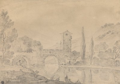 Italská krajina s trojobloukovým mostem, Bridgehouse, postavami na blízkém břehu a topoly na vzdálenějším břehu od Richard Wilson