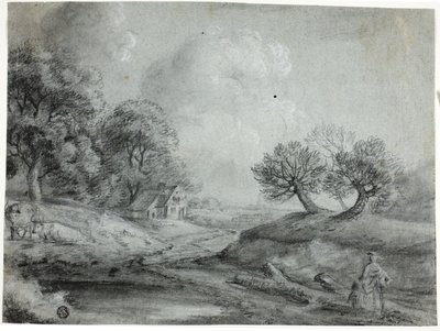 Krajina se ženou a krávami (černá křída s tupováním, zvýrazněná bílou křídou, na modrém položeném papíře) od Richard Wilson