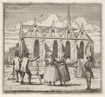 Muži a ženy na náměstí poblíž Grote Kerk v Leeuwardenu Zima. (název seriálu) Zimní scény (název seriálu) od Rienk Jelgerhuis