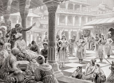 Akbar hrající na pachisi nebo chaupur s živými skladbami ve Fatehpur Sikri v roce 1575, z Hutchinson