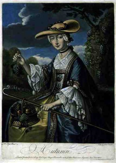 Podzim, ryl C. Corbutt (Richard Purcell) (fl.1746-66), pub. od Roberta Sayera, kolem 1760 (mezzotintová rytina) (viz také 125559-61) od Robert (after) Pyle
