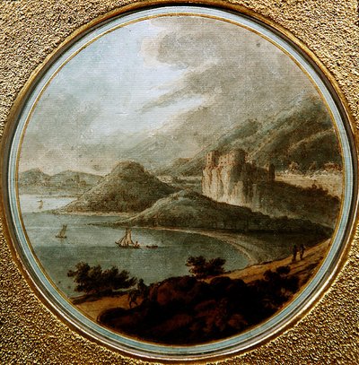 Hrad nad mořskou zátokou s loděmi, cca 1775 (pero a inkoust s akvarelem na papíře) od Robert (attr. to) Adam