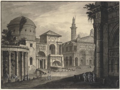 Architektonická fantazie starověkého města s náměstím a mnoha budovami, některé částečně v troskách od Robert Adam