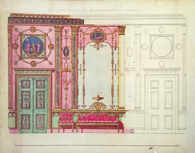 Sekce přijímacího pokoje, Northumberland House, Londýn; Design pro koncovou stěnu, (pero, inkoust a wc) od Robert Adam