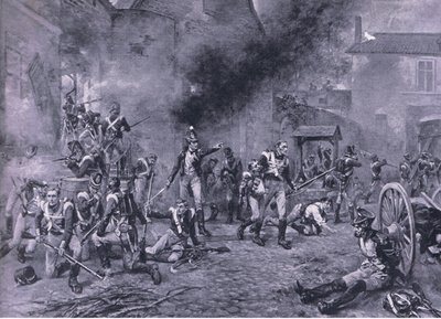 Obrana Hougoumontu 18. června 1815, ilustrace z britských bitev na souši a na moři, 1915 od Robert Alexander Hillingford