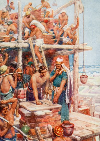 Stavba babylonské věže (barevné lito) od Robert Ambrose (after) Dudley