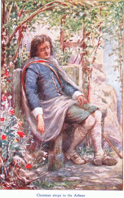 Christian spí v altánu, z knihy The Pilgrims Progress vydané Johnem F. Shawem & Co, kolem 1900 (barevné lito) od Robert Ambrose Dudley