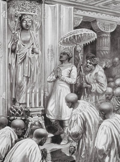 Kániška zahajuje mahájánový (severní) buddhismus, 100 n. l. (litografie) od Robert Ambrose Dudley