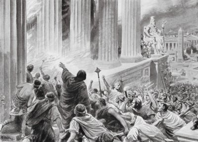 Vypálení knihovny v Alexandrii, 391 n. l. (litografie) od Robert Ambrose Dudley