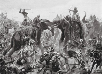 Porážka Pulikesina II Chalukhya Mahamallou Pallavou v Badami, 642 n. l. (litografie) od Robert Ambrose Dudley