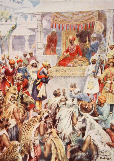 Khan Jahan ukazuje Akbarovi své knížecí zajatce, ilustrace z „Hutchinsonových dějin národů“, kolem roku 1910 (barevné lito) od Robert Ambrose Dudley