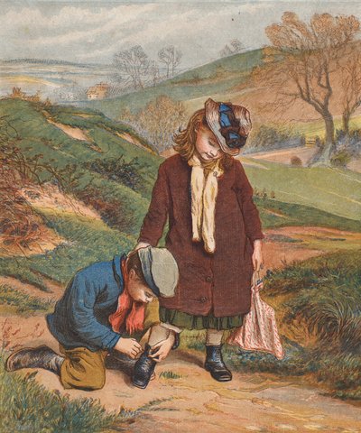 Přítel v nouzi, chlapec zavazuje dívce boty (barevná litografie) od Robert Barnes