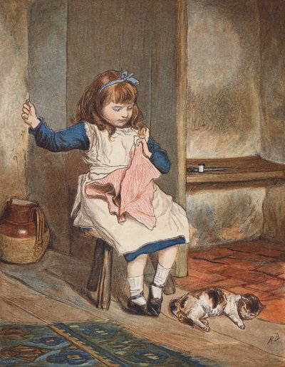 Dívka šije s kočkou u nohou (barevná litografie) od Robert Barnes