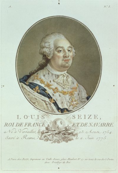 Portrét Ludvíka XVI. (1754-93) z „Portraits des Grands Hommes Illustres“, vyrytý Ridem (ručně kolorovaná rytina) od Robert Benard