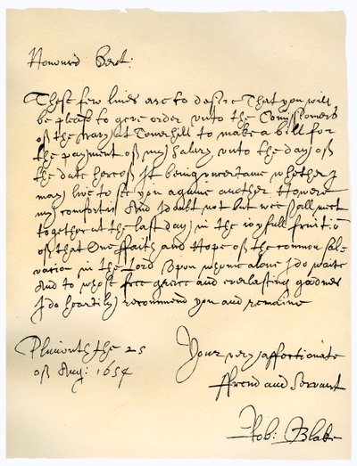 Dopis admirála Roberta Blakea komisařům admirality, 25. srpna 1654. od Robert Blake
