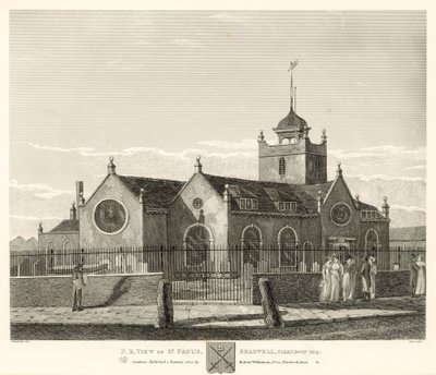 Severovýchodní pohled na katedrálu svatého Pavla, Shadwell, Londýn, pořízený v roce 1819 od Robert Blemell Schnebbelie